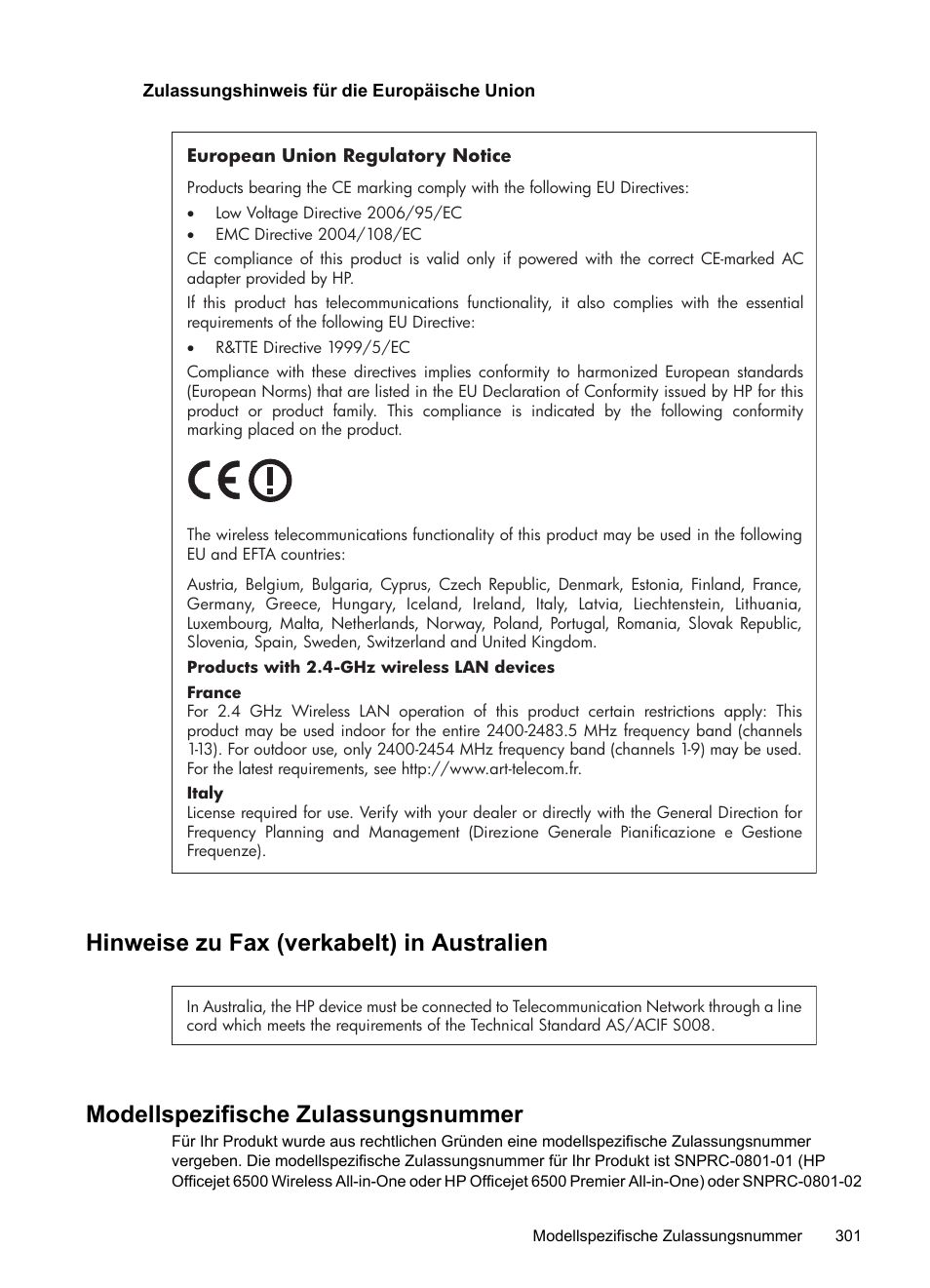 Zulassungshinweis für die europäische union, Hinweise zu fax (verkabelt) in australien, Modellspezifische zulassungsnummer | HP Officejet 6500 Benutzerhandbuch | Seite 305 / 328