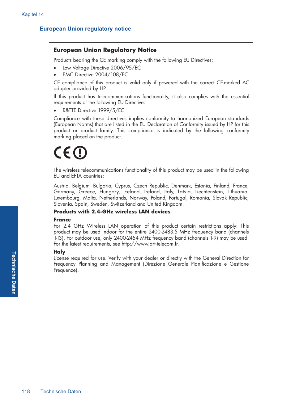 European union regulatory notice | HP Photosmart C4780 Benutzerhandbuch | Seite 121 / 125