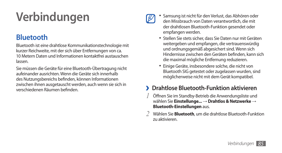 Verbindungen, Bluetooth | Samsung GT-S5830 Benutzerhandbuch | Seite 85 / 133