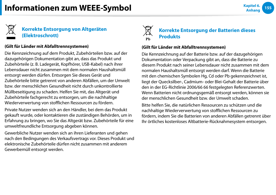 Informationen zum weee-symbol | Samsung NP700Z5CH Benutzerhandbuch | Seite 156 / 164