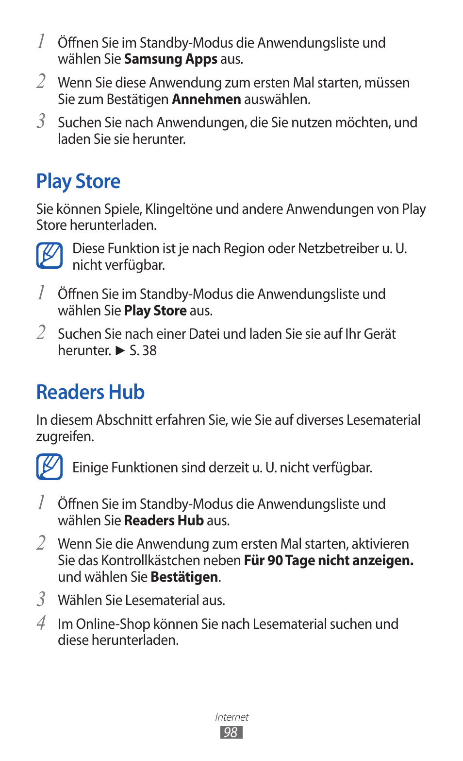 Play store readers hub, Play store, Readers hub | Samsung GT-I9100P Benutzerhandbuch | Seite 98 / 170