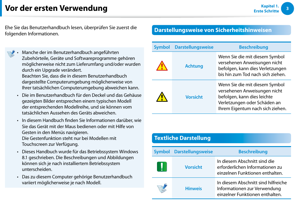 Vor der ersten verwendung, Darstellungsweise von sicherheitshinweisen, Textliche darstellung | Samsung DP700A7D Benutzerhandbuch | Seite 4 / 140