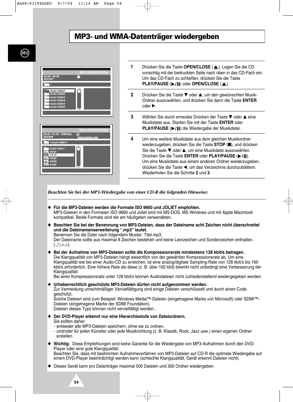 Mp3- und wma-datenträger wiedergeben | Samsung UW21J10VD Benutzerhandbuch | Seite 54 / 82