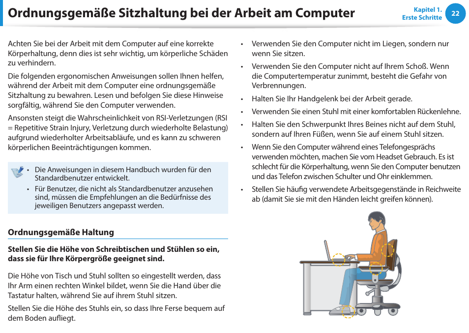 Ordnungsgemäße sitzhaltung bei der arbeit am, Computer | Samsung NP470R5E Benutzerhandbuch | Seite 23 / 128