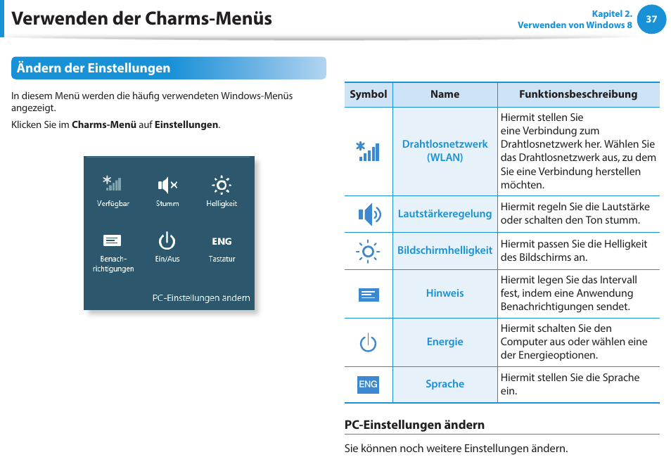 Verwenden der charms-menüs, Ändern der einstellungen | Samsung NP470R5E Benutzerhandbuch | Seite 38 / 128