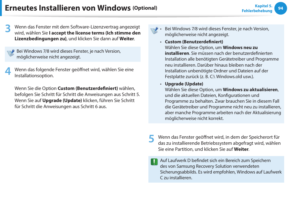 Erneutes installieren von windows | Samsung NP470R5E Benutzerhandbuch | Seite 95 / 128