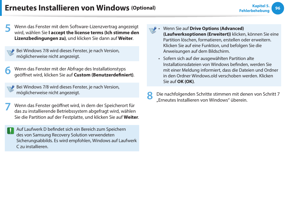 Erneutes installieren von windows | Samsung NP470R5E Benutzerhandbuch | Seite 97 / 128