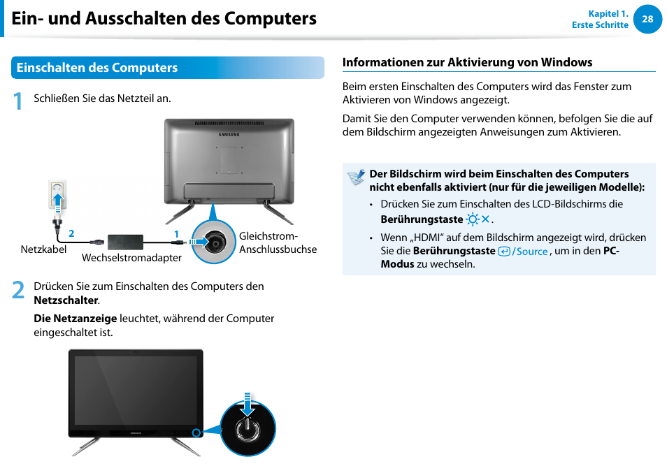 Ein- und ausschalten des computers | Samsung DP500A2D Benutzerhandbuch | Seite 29 / 138