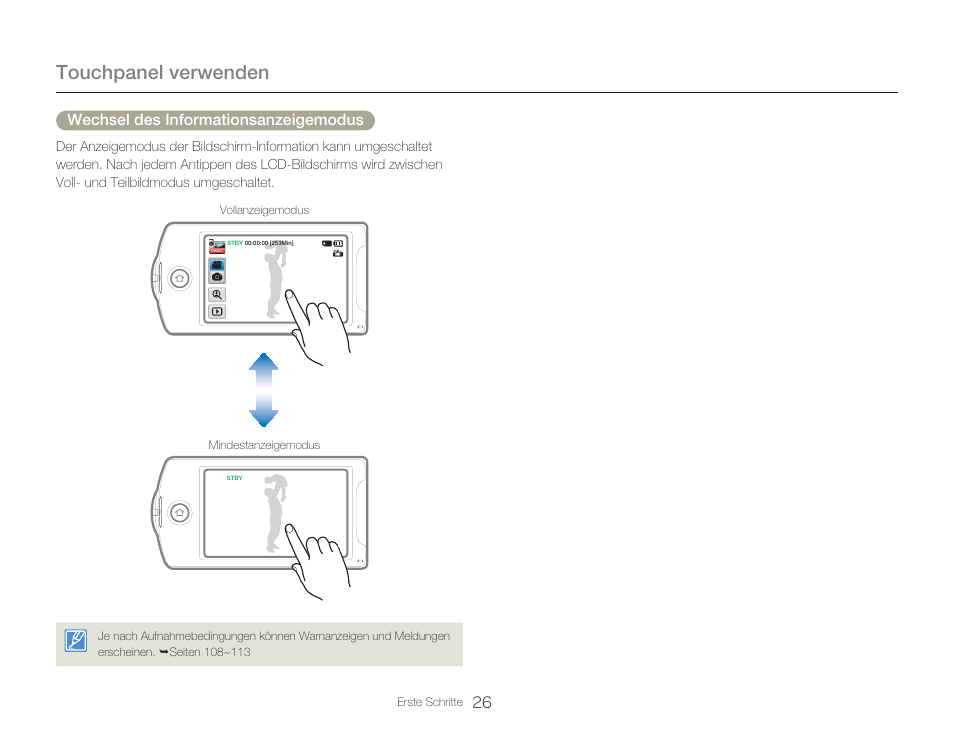 Touchpanel verwenden, Wechsel des informationsanzeigemodus | Samsung HMX-Q20BP Benutzerhandbuch | Seite 26 / 132