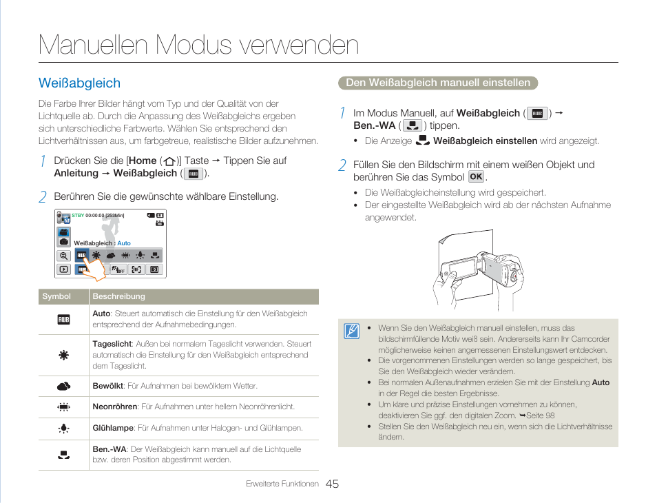 Manuellen modus verwenden, Weißabgleich | Samsung HMX-Q20BP Benutzerhandbuch | Seite 45 / 132