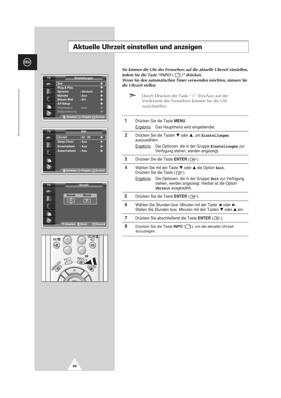 Aktuelle uhrzeit einstellen und anzeigen | Samsung SP-46L5H Benutzerhandbuch | Seite 44 / 64