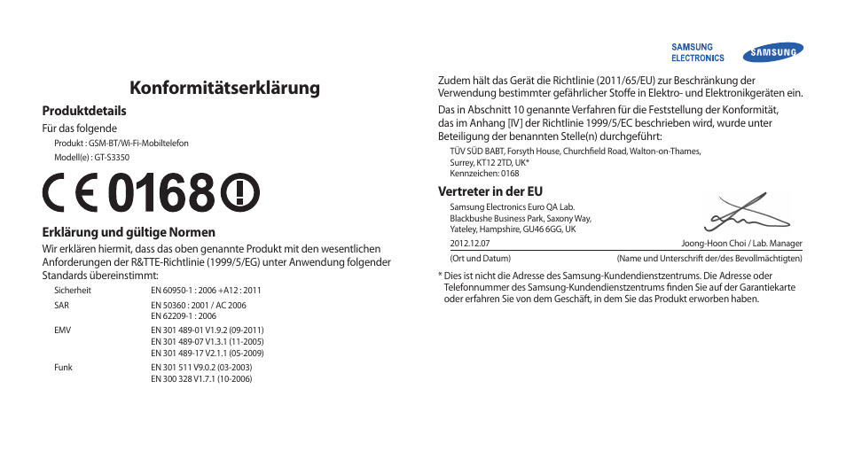 Konformitätserklärung | Samsung GT-S3350 Benutzerhandbuch | Seite 82 / 83