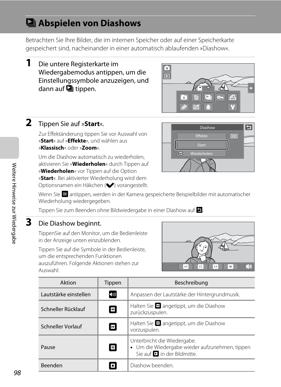 Abspielen von diashows, B abspielen von diashows | Nikon Coolpix S80 Benutzerhandbuch | Seite 110 / 204