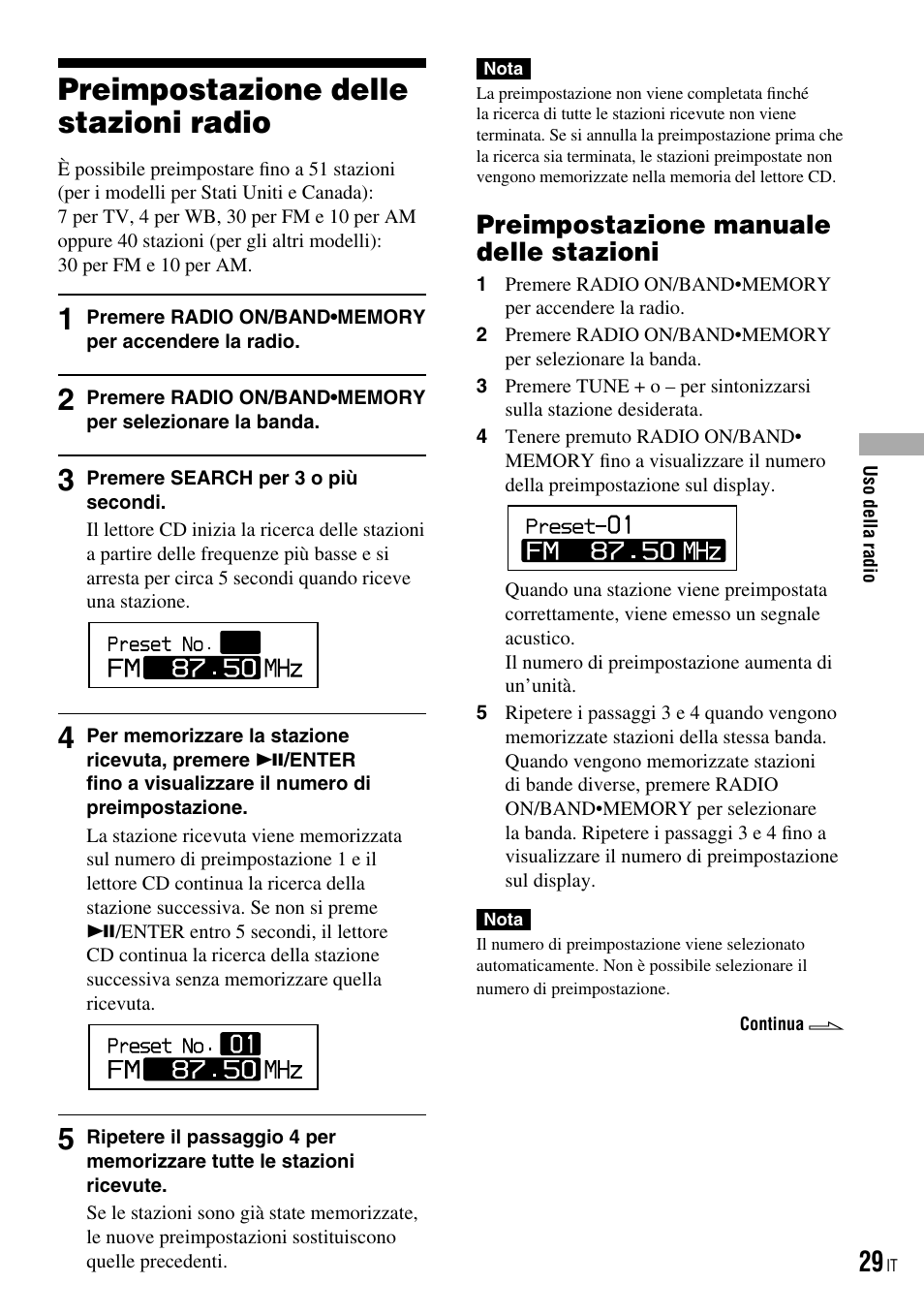 Preimpostazione delle stazioni radio, Preimpostazione manuale delle stazioni | Sony D-NF421 Benutzerhandbuch | Seite 101 / 112