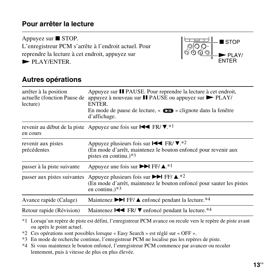 Pour arrêter la lecture autres opérations | Sony PCM-M10 Benutzerhandbuch | Seite 13 / 116