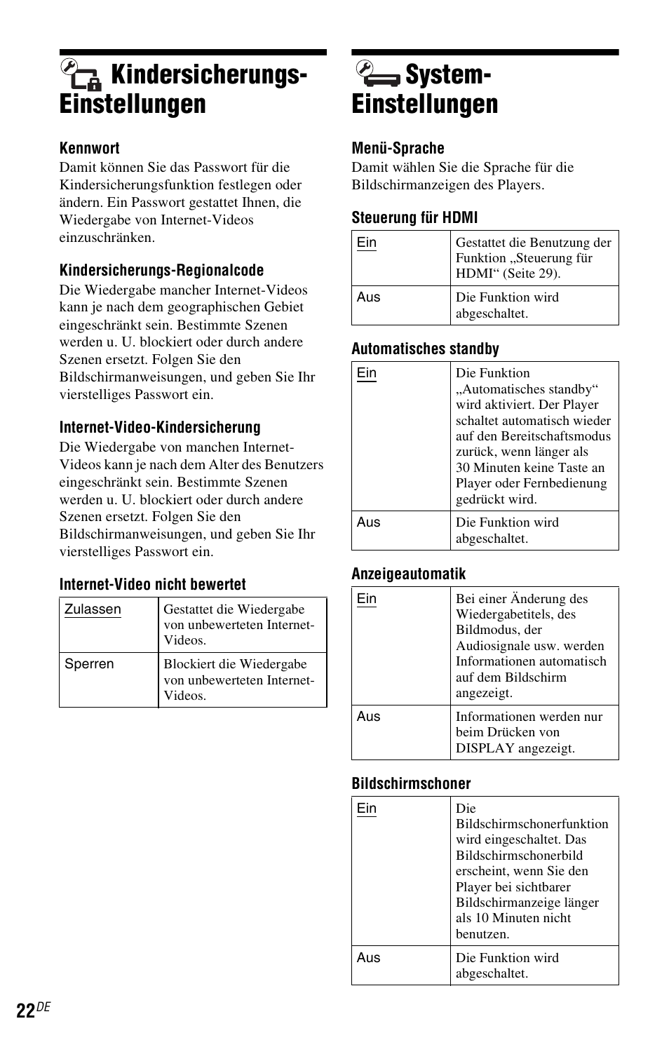 Kindersicherungs-einstellungen, System-einstellungen, N (seite 22) | Seite 22), Kindersicherungs- einstellungen, System- einstellungen | Sony SMP-N100 Benutzerhandbuch | Seite 54 / 167