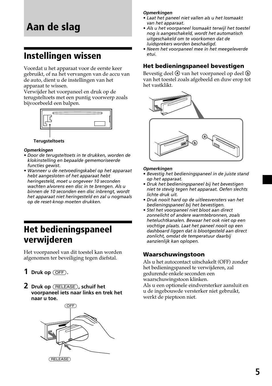 Aan de slag, Instellingen wissen, Het bedieningspaneel verwijderen | Sony CDX-4270R Benutzerhandbuch | Seite 53 / 96