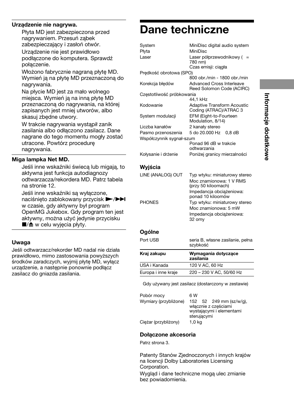 Dane techniczne, Informacje dodatkowe | Sony MDS-NT1 Benutzerhandbuch | Seite 59 / 60