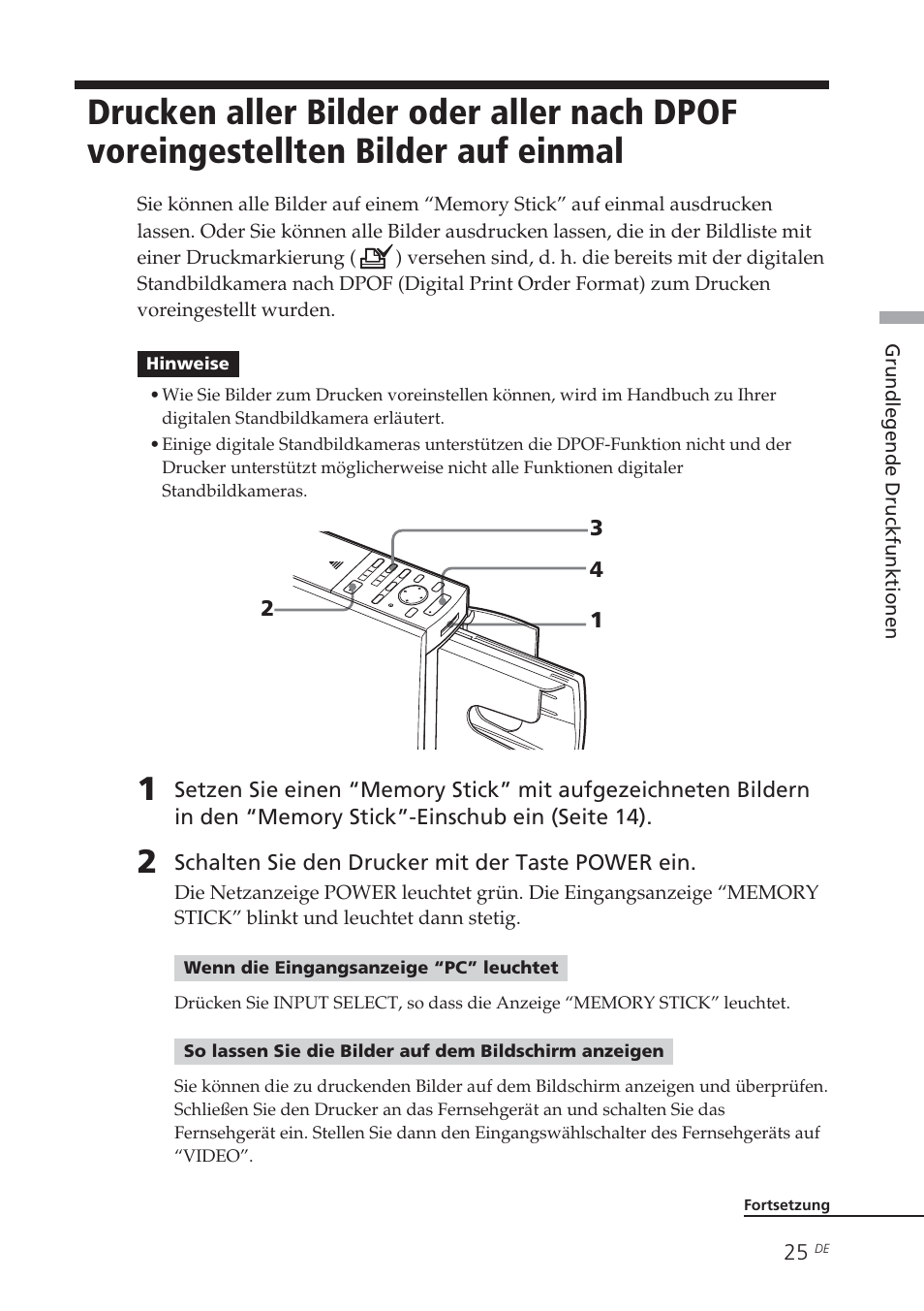 Drucken aller bilder oder aller nach dpof, Voreingestellten bilder auf einmal | Sony DPP-EX5 Benutzerhandbuch | Seite 25 / 340