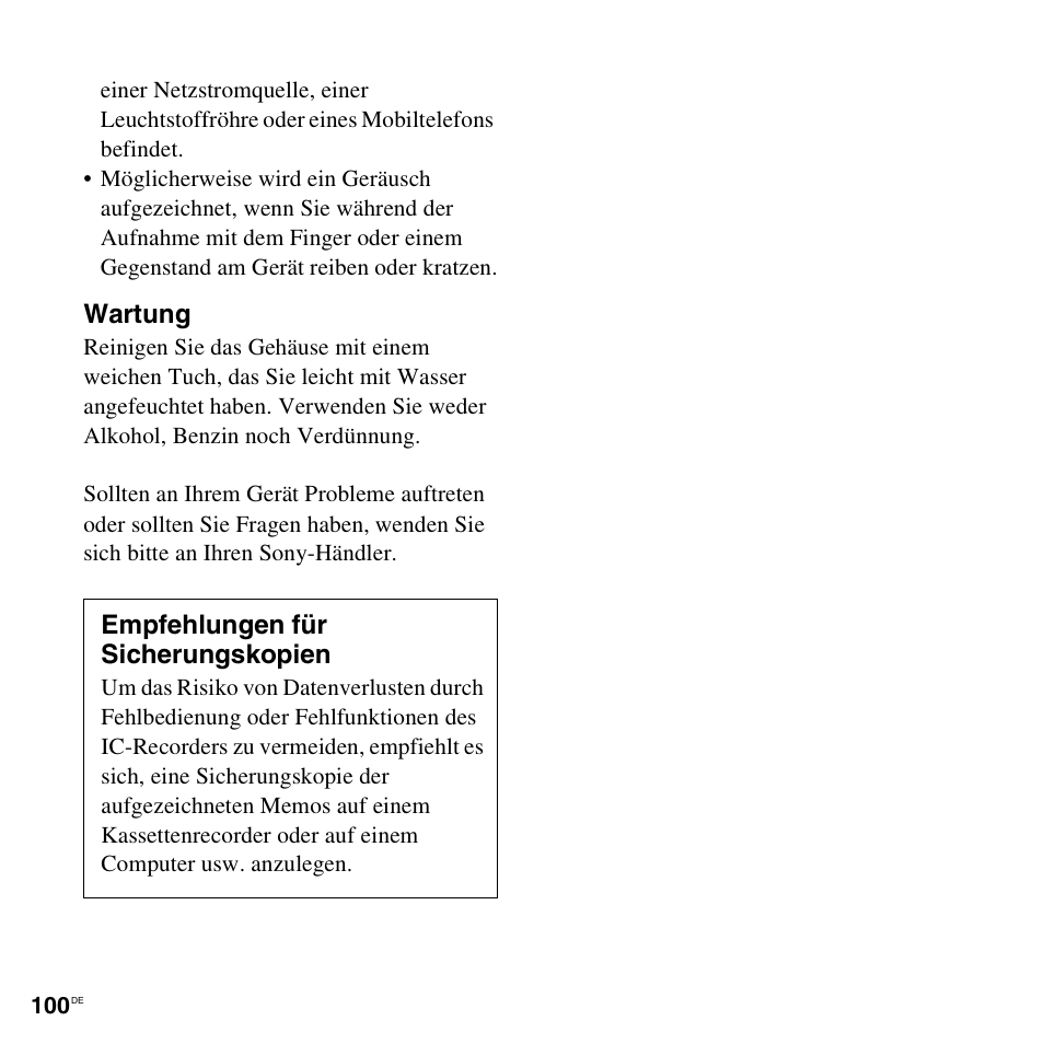 Wartung, Empfehlungen für sicherungskopien | Sony ICD-UX200 Benutzerhandbuch | Seite 100 / 126