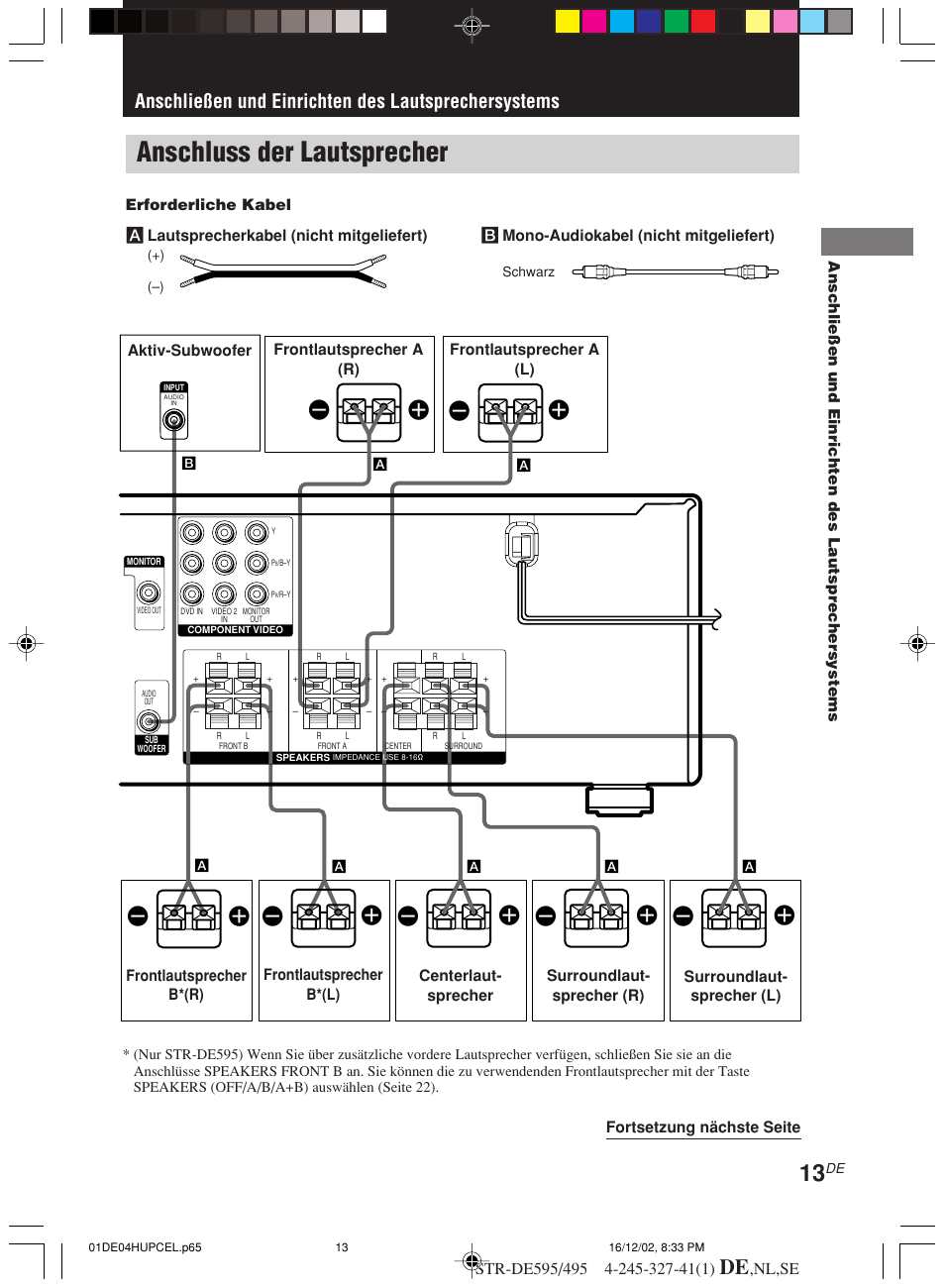 Anschluss der lautsprecher, Ee e e, Anschließen und einrichten des lautsprechersystems | Sony STR-DE495 Benutzerhandbuch | Seite 13 / 142