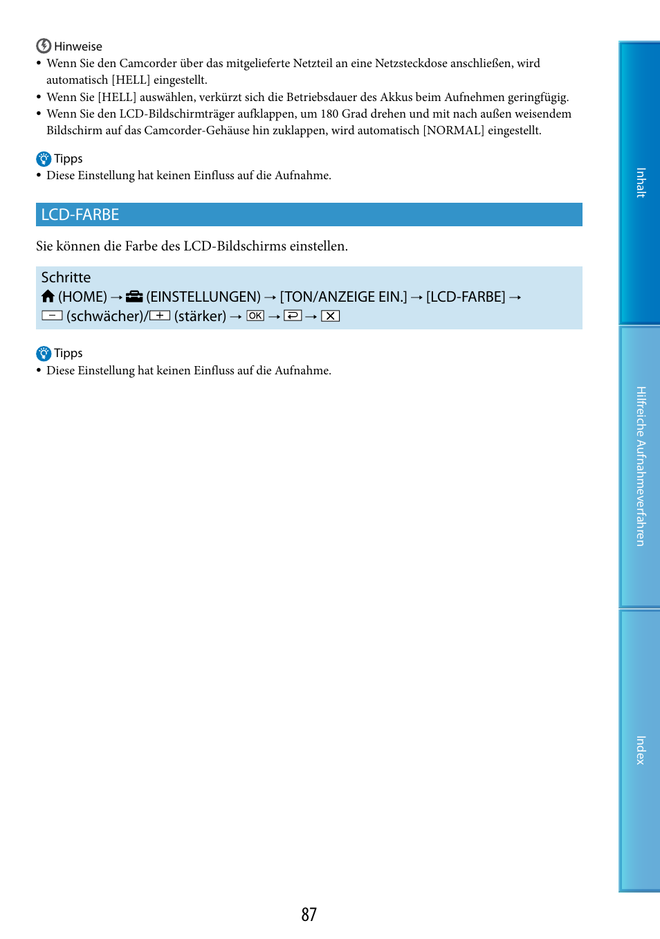 Lcd-farbe, Schritte (home), Einstellungen) | Ton/anzeige ein, Schwächer)/ (stärker) | Sony HDR-CX100E Benutzerhandbuch | Seite 87 / 127