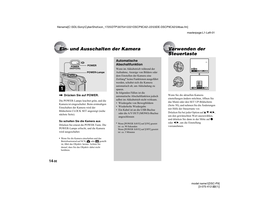 Ein- und ausschalten der kamera, Verwenden der steuertaste | Sony DSC-P9 Benutzerhandbuch | Seite 116 / 208