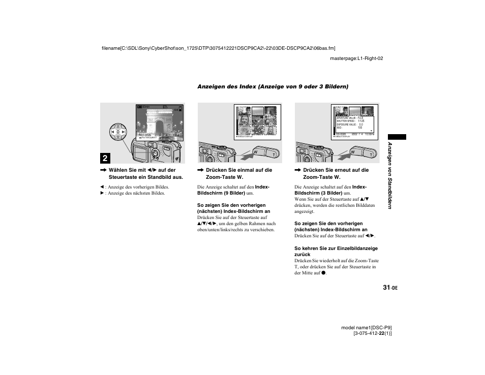 Anzeigen des index (anzeige von 9 oder 3 bildern), Anzeigen des index (anzeige, Von 9 oder 3 bildern) | Sony DSC-P9 Benutzerhandbuch | Seite 133 / 208