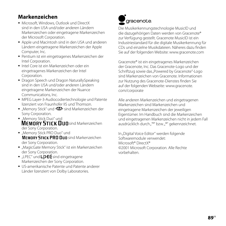 Markenzeichen | Sony ICD-SX57 Benutzerhandbuch | Seite 89 / 92