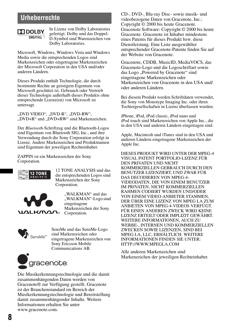 Urheberrechte | Sony XAV-63 Benutzerhandbuch | Seite 78 / 216