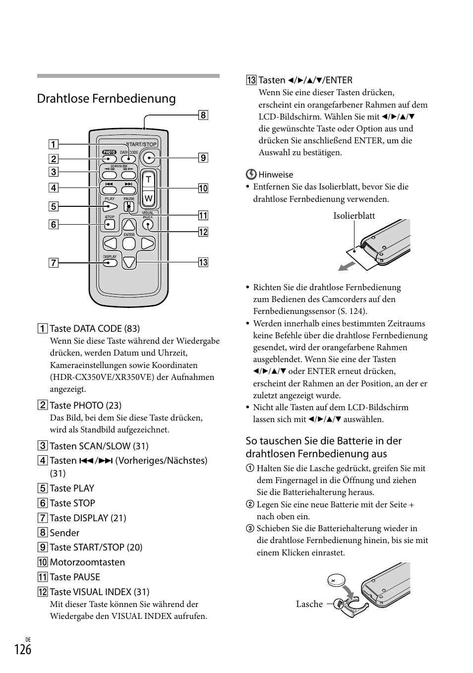 Drahtlose fernbedienung | Sony HDR-CX305E Benutzerhandbuch | Seite 126 / 130