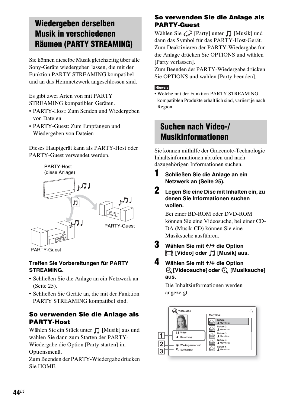 Suchen nach video-/musikinformationen, Suchen nach video-/ musikinformationen | Sony BDV-L600 Benutzerhandbuch | Seite 44 / 90