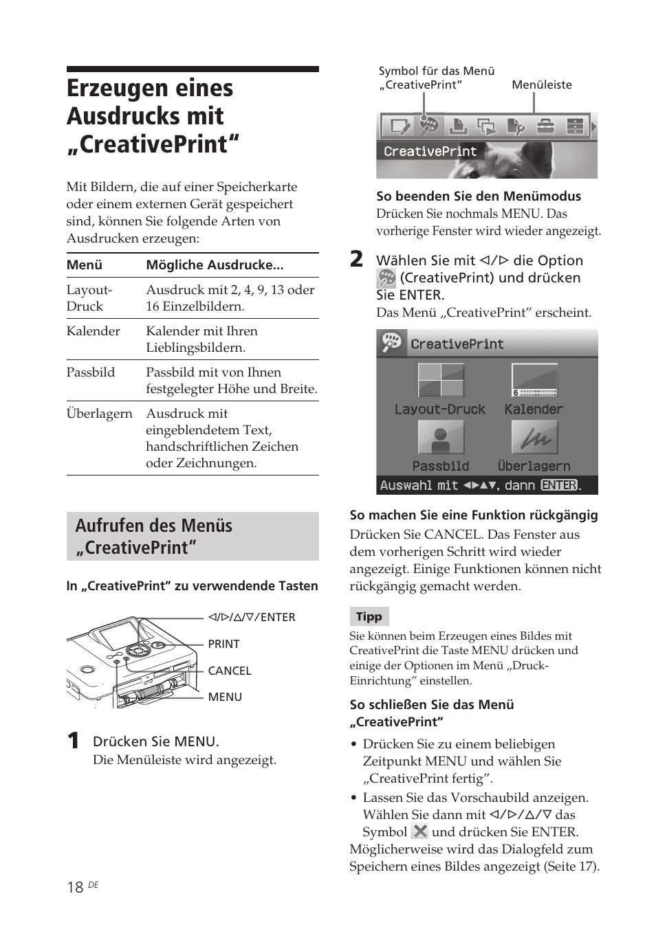 Erzeugen eines ausdrucks mit „creativeprint, Aufrufen des menüs „creativeprint, Erzeugen eines ausdrucks mit | Creativeprint | Sony DPP-FP90 Benutzerhandbuch | Seite 18 / 84