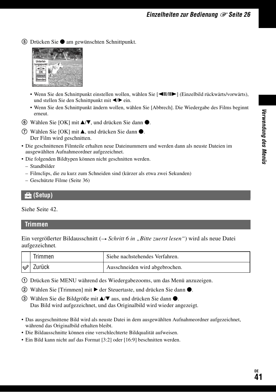Trimmen, Einzelheiten zur bedienung, Seit e 26 | Setup) trimmen | Sony DSC-W50 Benutzerhandbuch | Seite 41 / 215