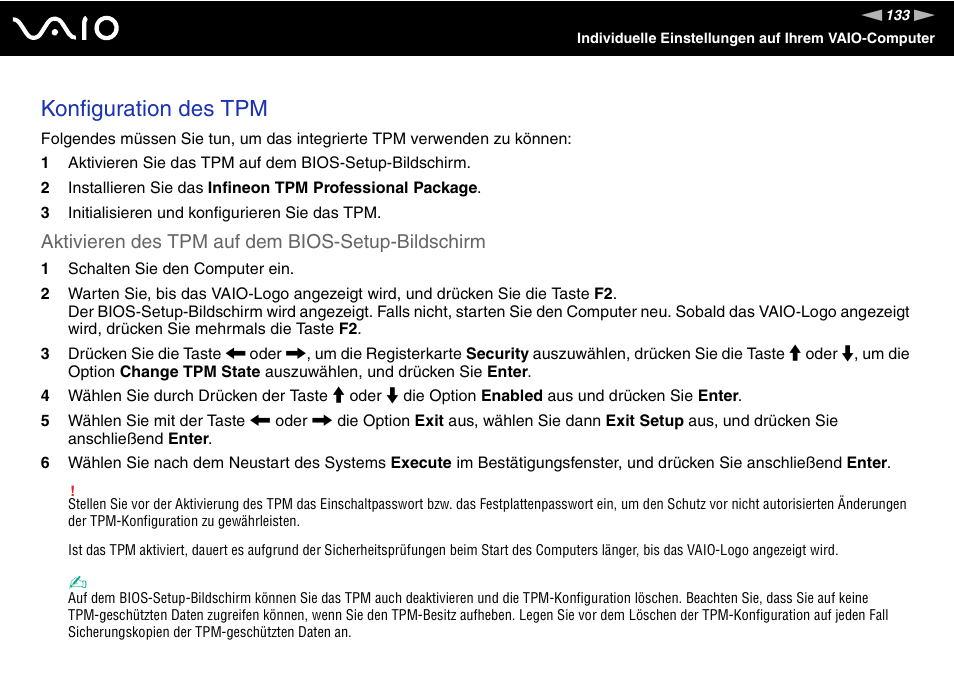Konfiguration des tpm, Aktivieren des tpm auf dem bios-setup-bildschirm | Sony VGN-SR21RM Benutzerhandbuch | Seite 133 / 223