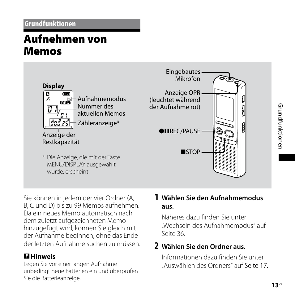 Grundfunktionen, Aufnehmen von memos | Sony ICD-P520 Benutzerhandbuch | Seite 13 / 56