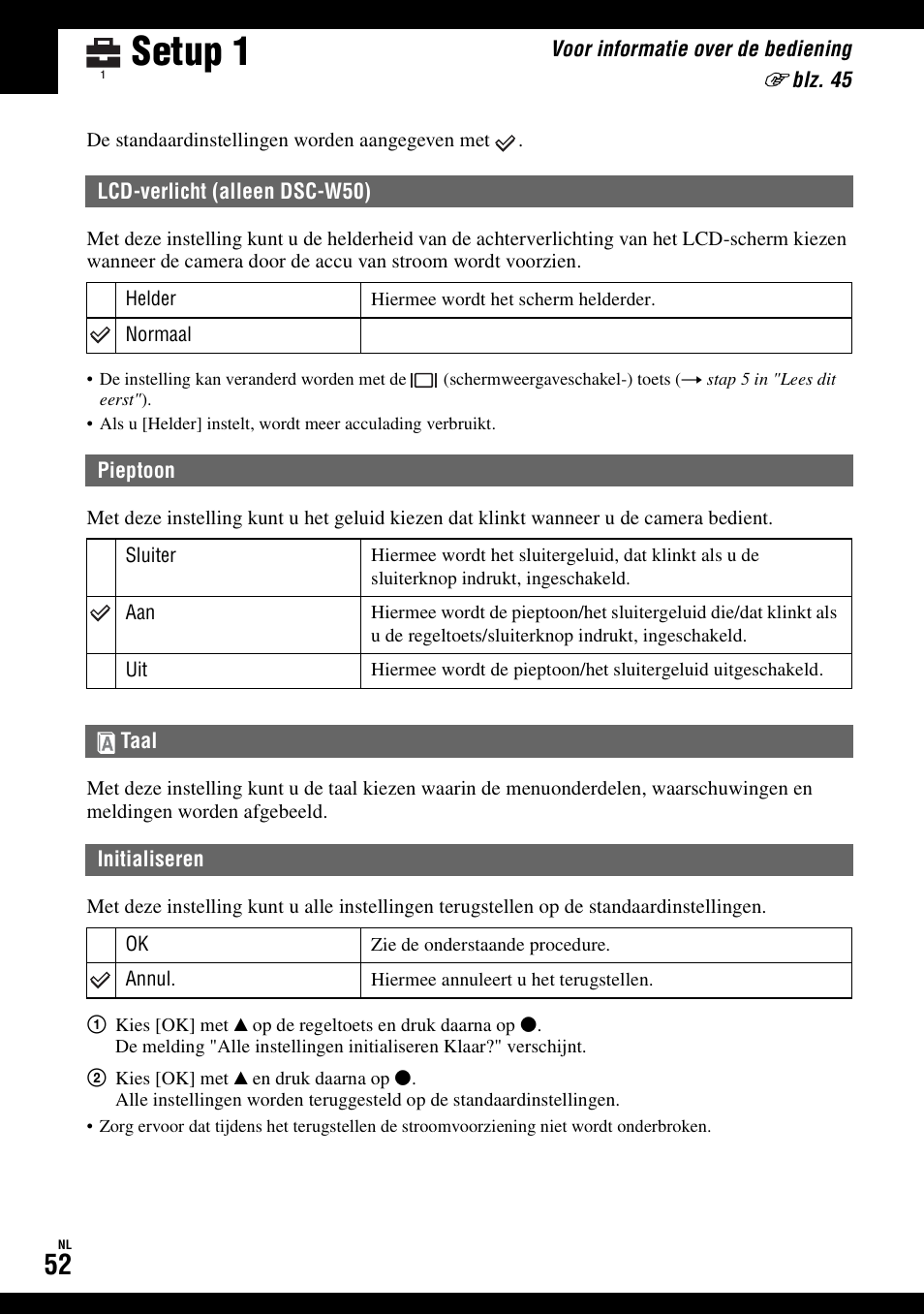 Setup 1, Lcd-verlicht (alleen dsc-w50) pieptoon, Taal | Initialiseren | Sony DSC-W50 Benutzerhandbuch | Seite 158 / 215