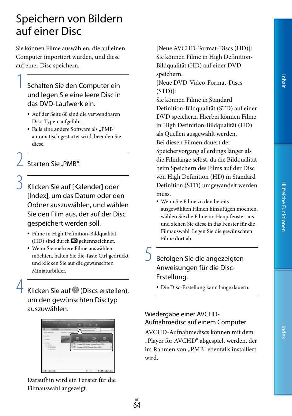 Speichern von bildern auf einer disc | Sony HDR-PJ10E Benutzerhandbuch | Seite 64 / 141