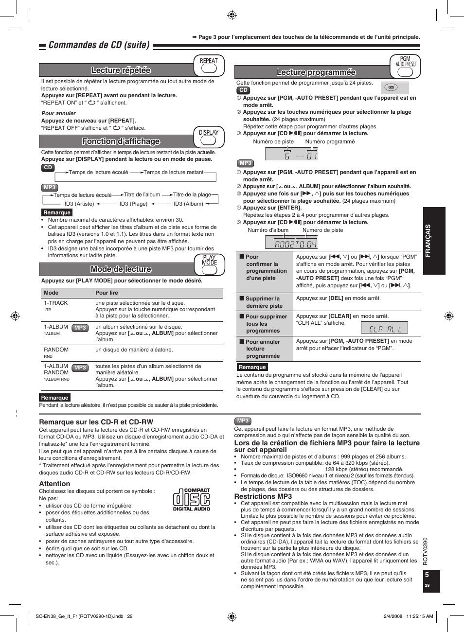 Commandes de cd (suite), Lecture programmée | Panasonic SCEN38 Benutzerhandbuch | Seite 29 / 36
