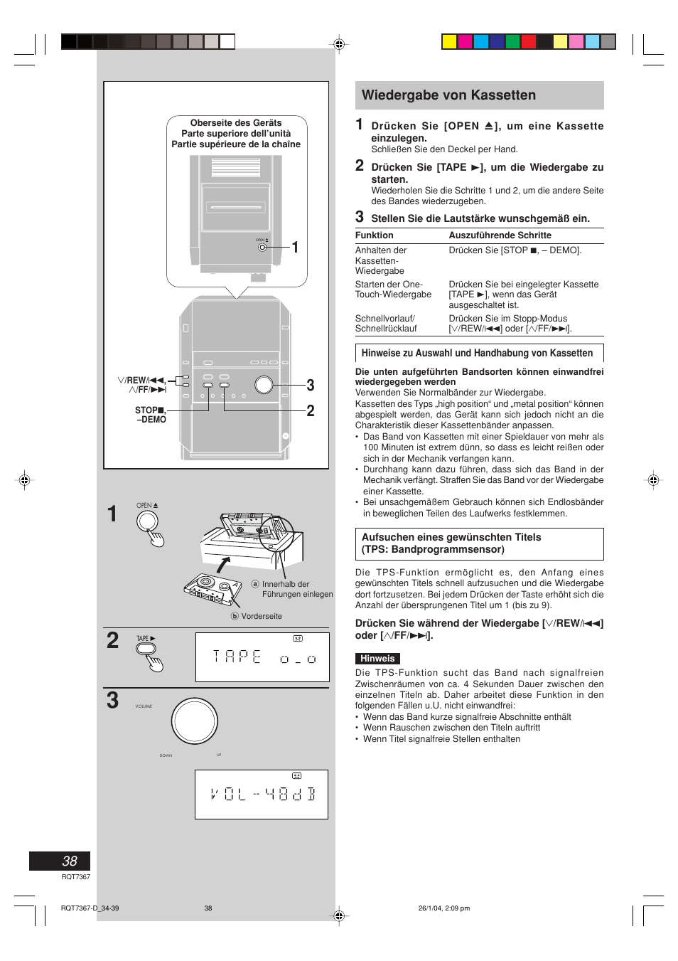 Wiedergabe von kassetten | Panasonic SCPM19 Benutzerhandbuch | Seite 38 / 56