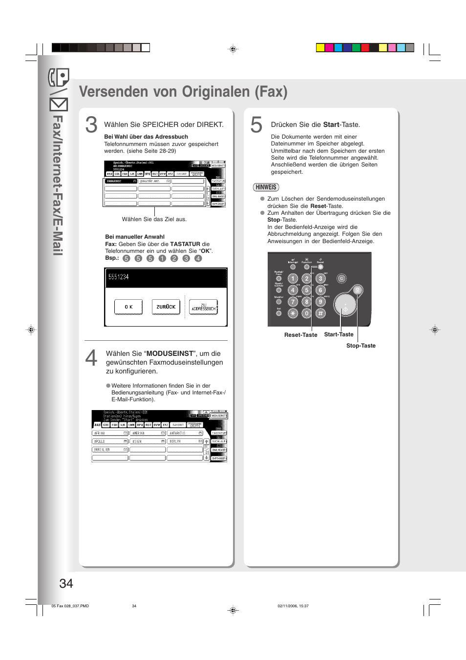 Versenden von originalen (fax), Fax/internet-f ax/e-mail 34 | Panasonic DP8035 Benutzerhandbuch | Seite 34 / 84