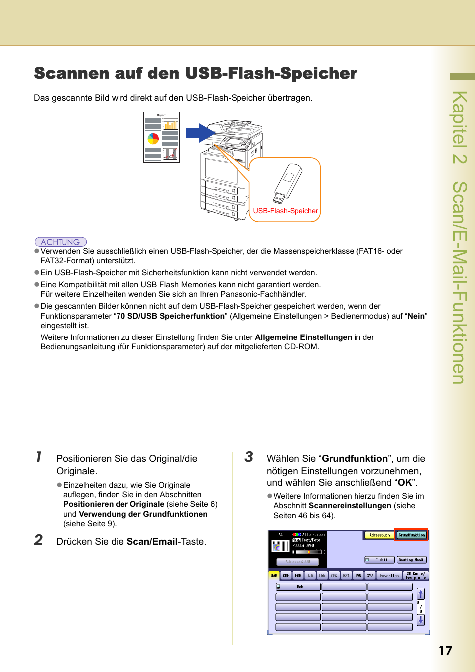 Scannen auf den usb-flash-speicher, Kapitel 2 scan/e-mail-funktionen | Panasonic DPC266 Benutzerhandbuch | Seite 17 / 74