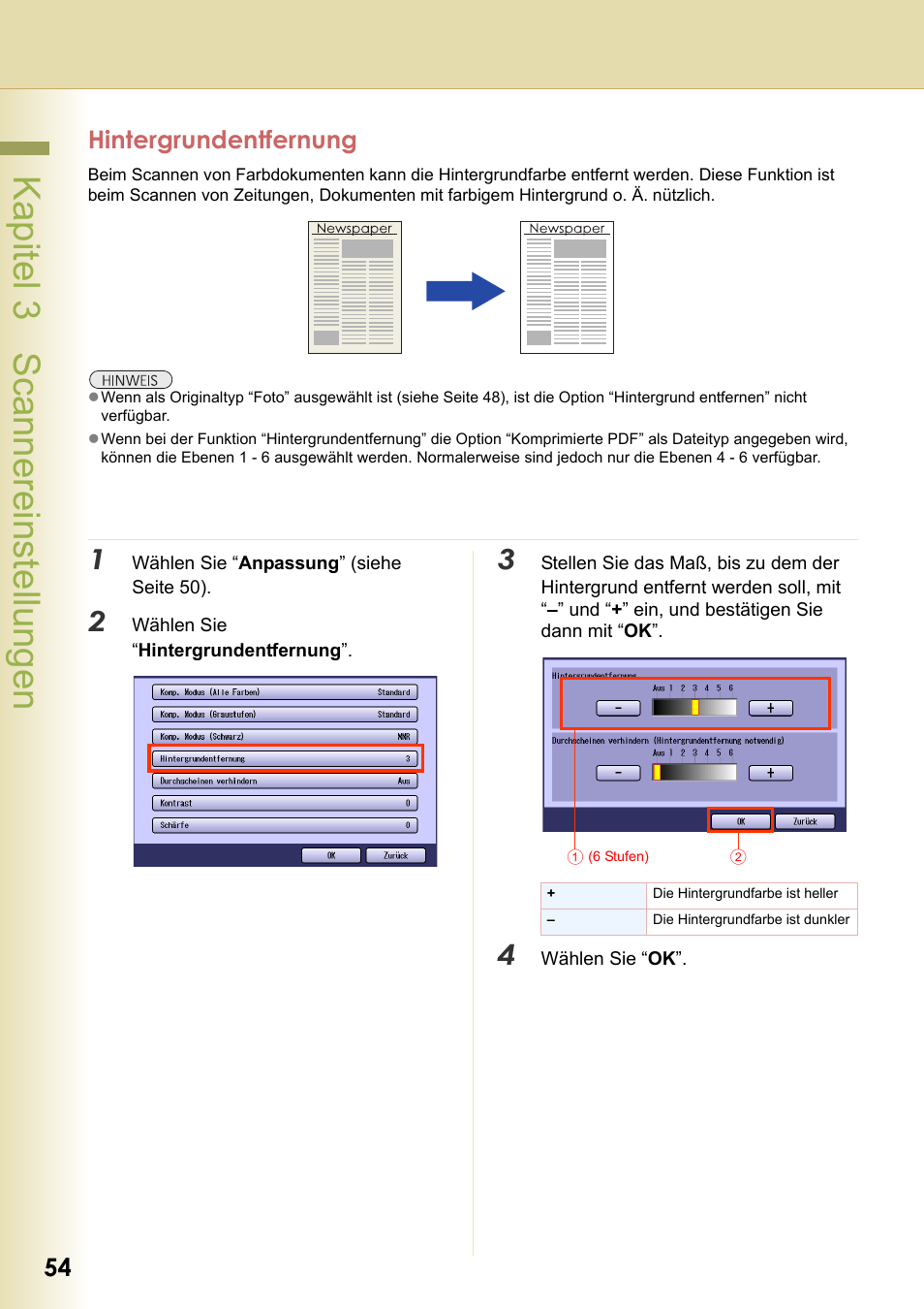 Hintergrundentfernung, Kapitel 3 scannereinstellungen, 54 hintergrundentfernung | Panasonic DPC266 Benutzerhandbuch | Seite 54 / 74