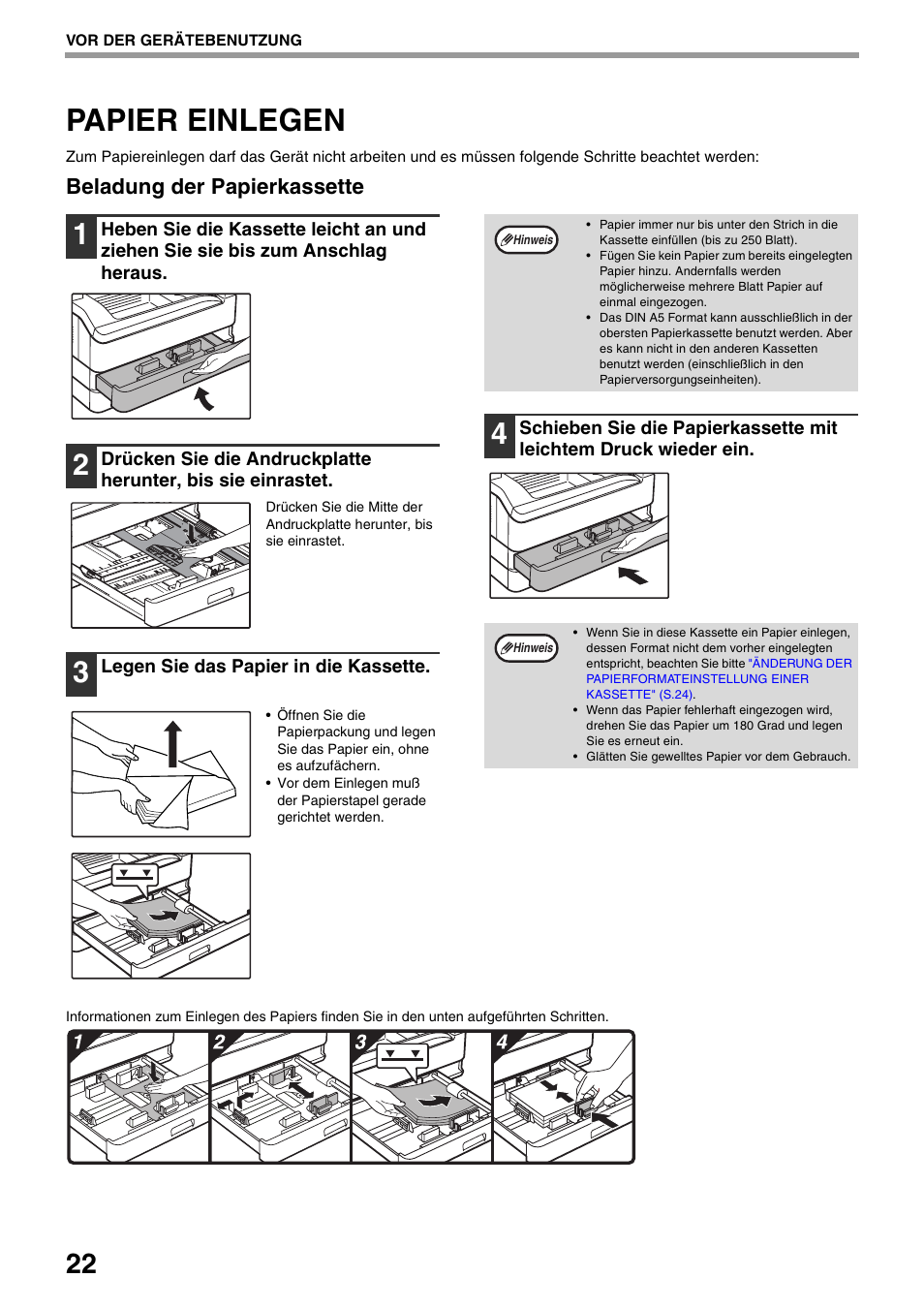 Papier einlegen, S.22), Beladung der papierkassette | Sharp AR-5618 Benutzerhandbuch | Seite 24 / 108