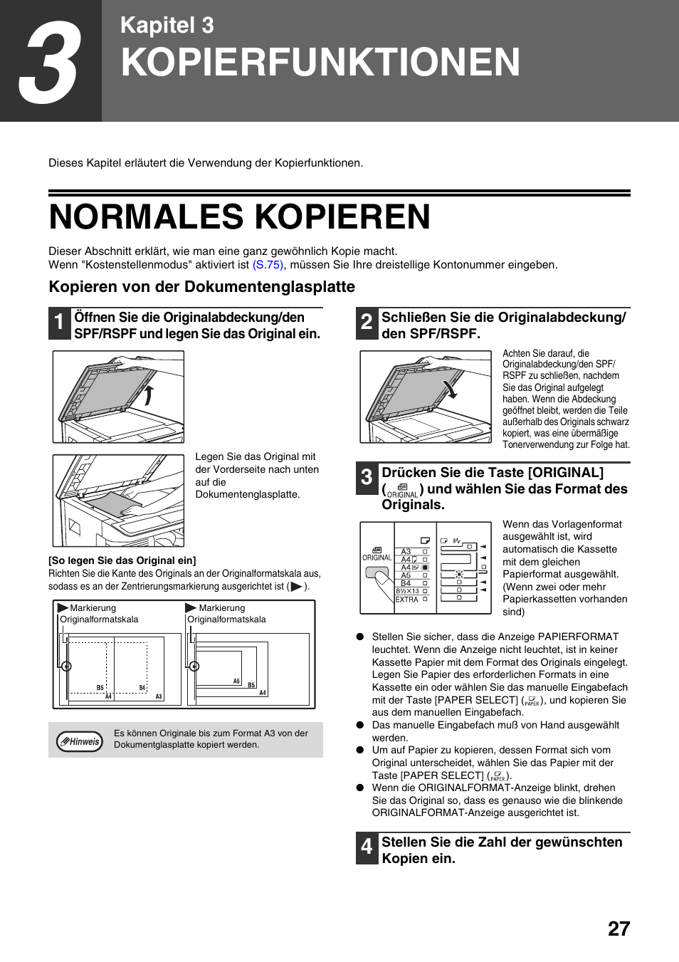 Kopierfunktionen, Normales kopieren, Legen | S.27), Kapitel 3 | Sharp AR-5618 Benutzerhandbuch | Seite 29 / 108