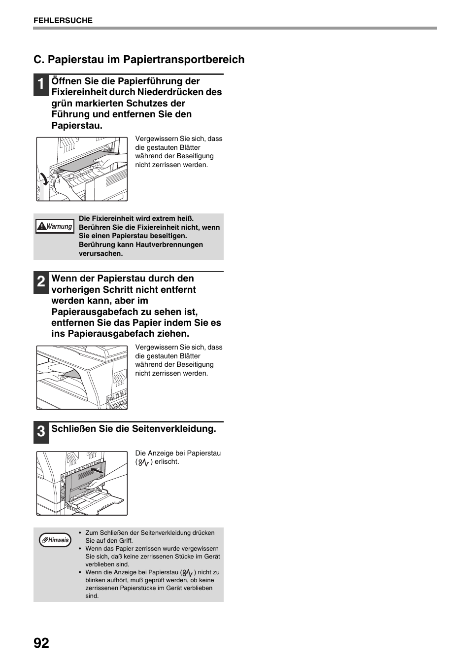 Au öffnen, S.92), C. papierstau im papiertransportbereich | Sharp AR-5618 Benutzerhandbuch | Seite 94 / 108