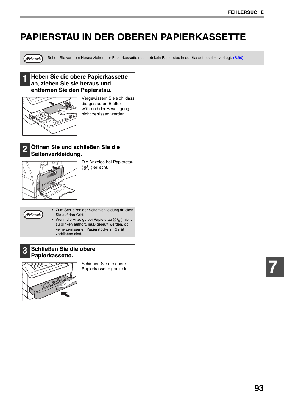 Papierstau in der oberen papierkassette, Papierstau in der oberen, Papierkassette | S.93) | Sharp AR-5618 Benutzerhandbuch | Seite 95 / 108