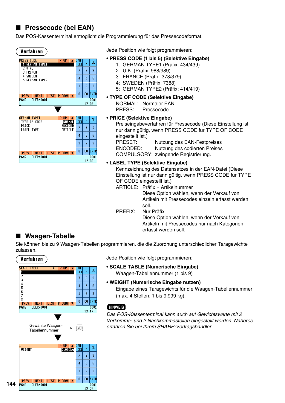 Pressecode (bei ean), Waagen-tabelle | Sharp UP-820N Benutzerhandbuch | Seite 146 / 242