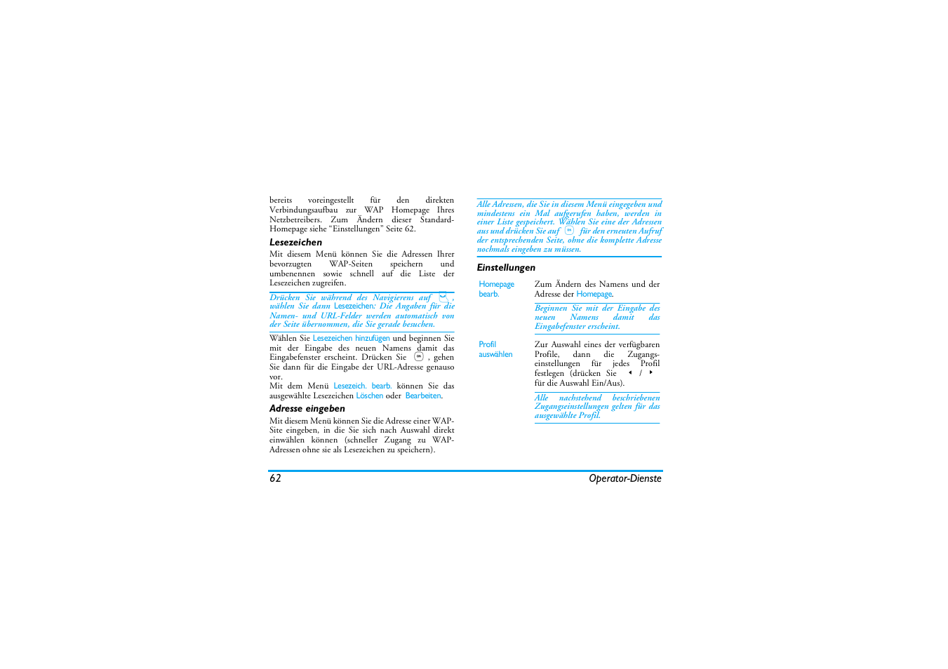 Lesezeichen, Adresse eingeben, Einstellungen | Philips Mobiltelefon Benutzerhandbuch | Seite 70 / 92