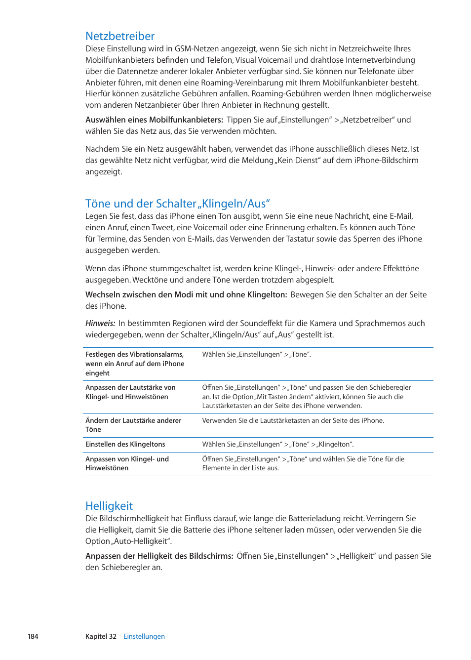 Netzbetreiber, Töne und der schalter „klingeln/aus, Helligkeit | Apple iPhone iOS 5.1 Benutzerhandbuch | Seite 184 / 205